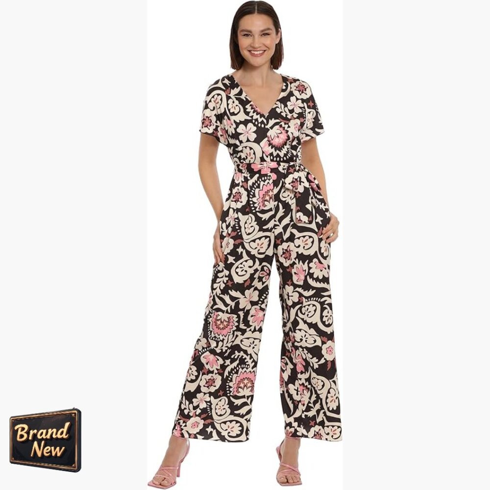 V-Neck Jumpsuit With Wide Leg Pants, Polyester, Office Workwear